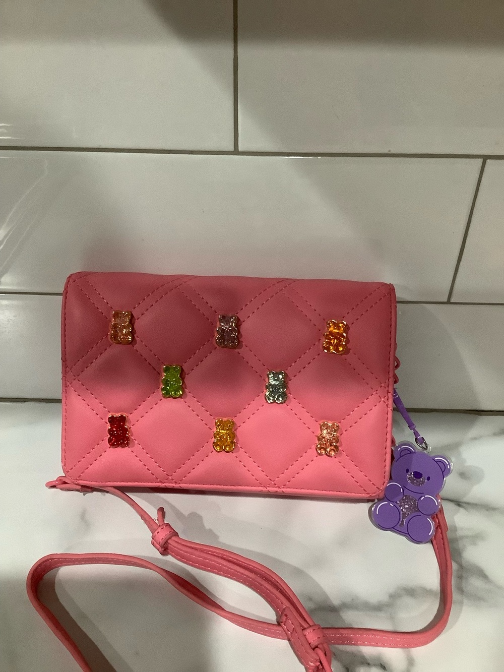 Betsey Johnson Pink Quilted Crossbody with Multicolor Gummy Bear Charms